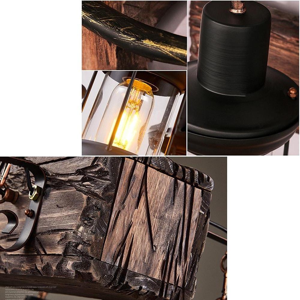 8-light Vintage Rustic Wooden Chandelier Lantern LED Farmhouse Hanging Lamp
