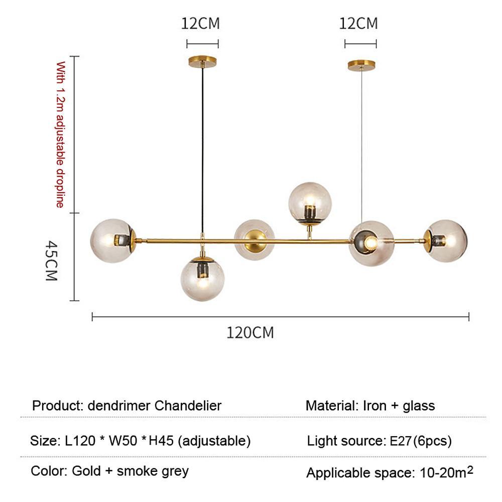 Nordic Linear Ceiling Lights Glass Globe 4/6 Heads Chandelier