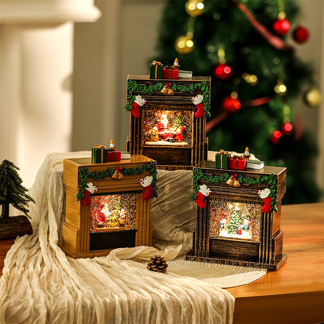 Light up Christmas Ornaments Fireplace with Snowfall Creative Lamp