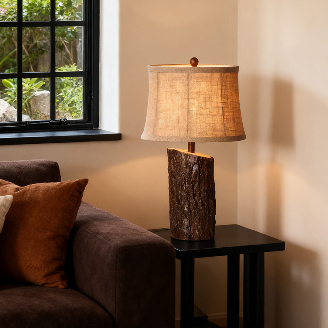 Faux Wood Table Lamp Bark-Textured Fabric Shade Nightstand Light