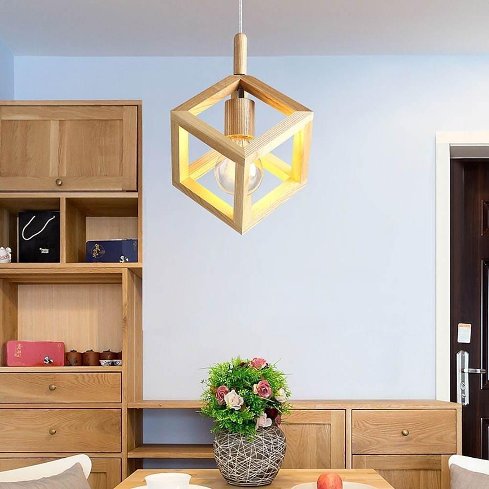 Adjustable Wood Square Pendant Light Modern Hanging Ceiling Lights