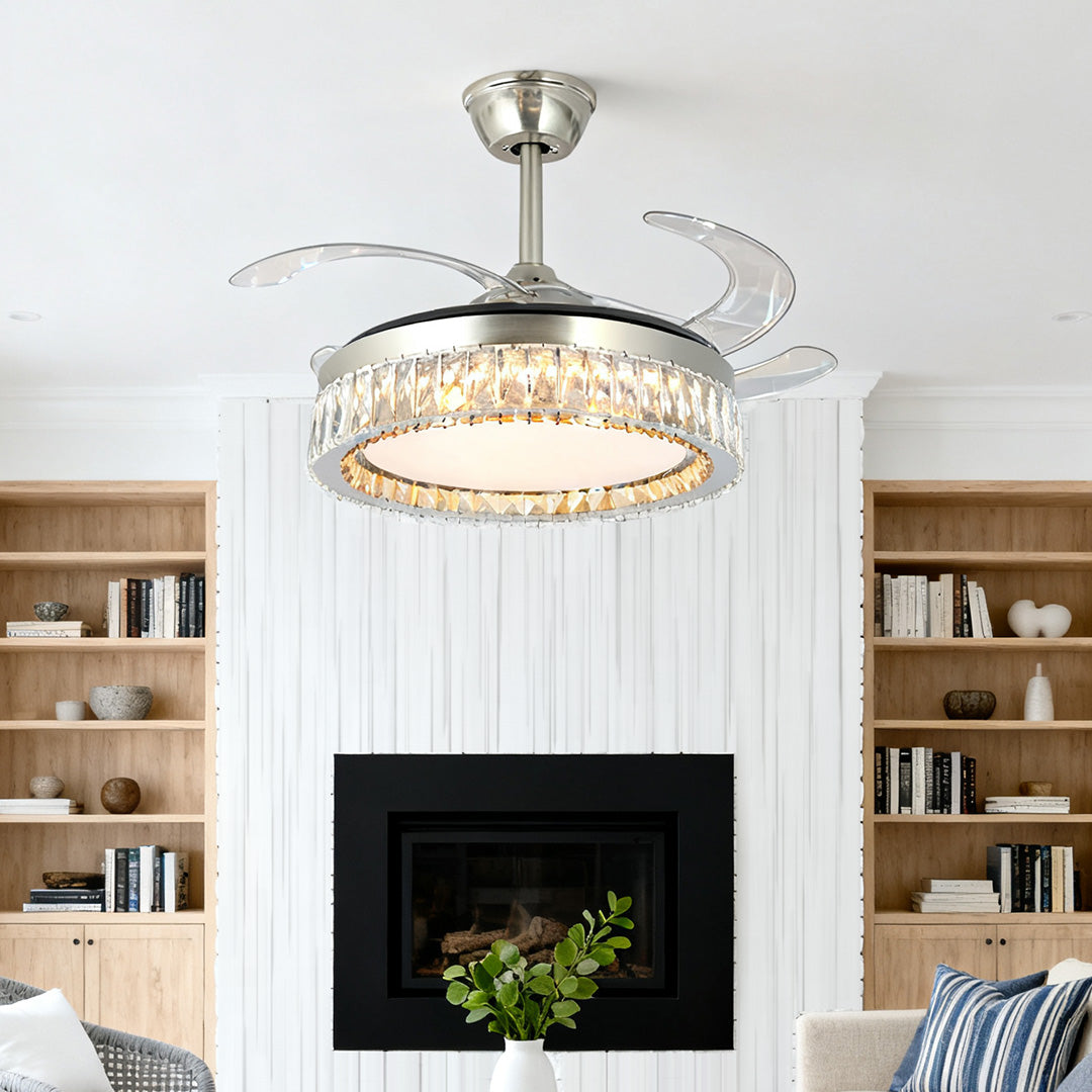 Crystal Ceiling Fan with Light Remote Controlled Luxury Nickel Lamp
