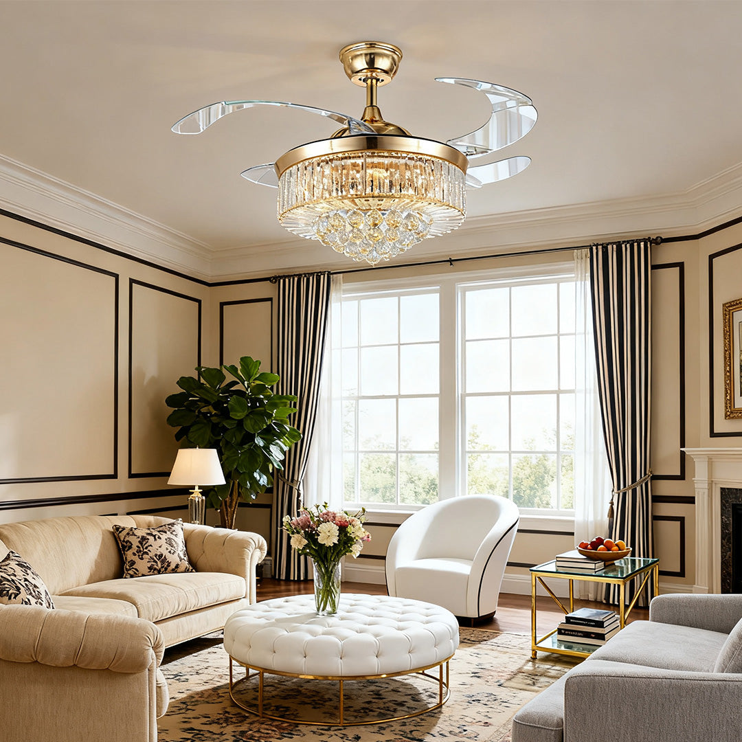 Crystal Ceiling Fans with Lights European Style Gold Iron Luxury Fan