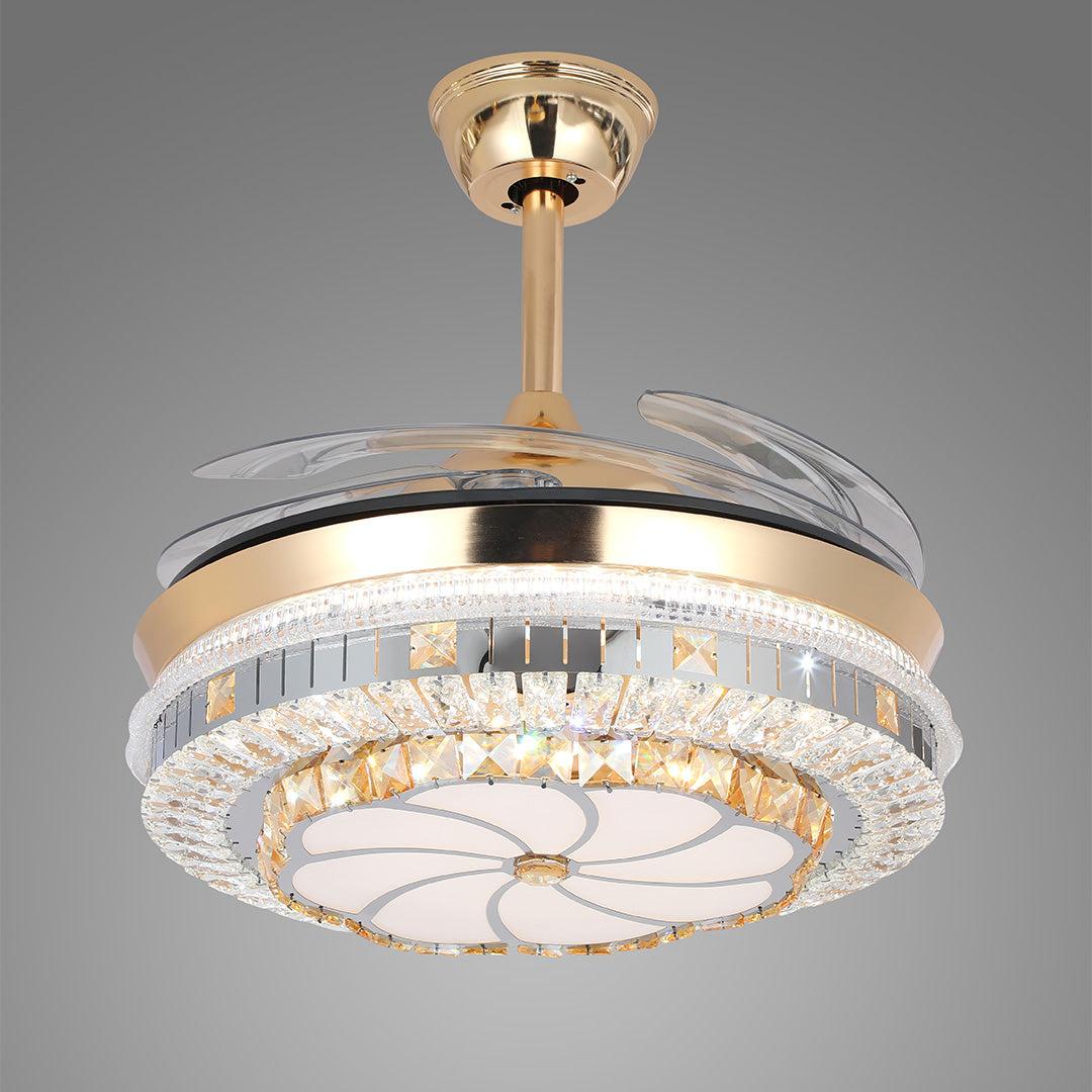 Gold Ceiling Fan with Light Crystal Design 4-Blade PC Invisible Lamp