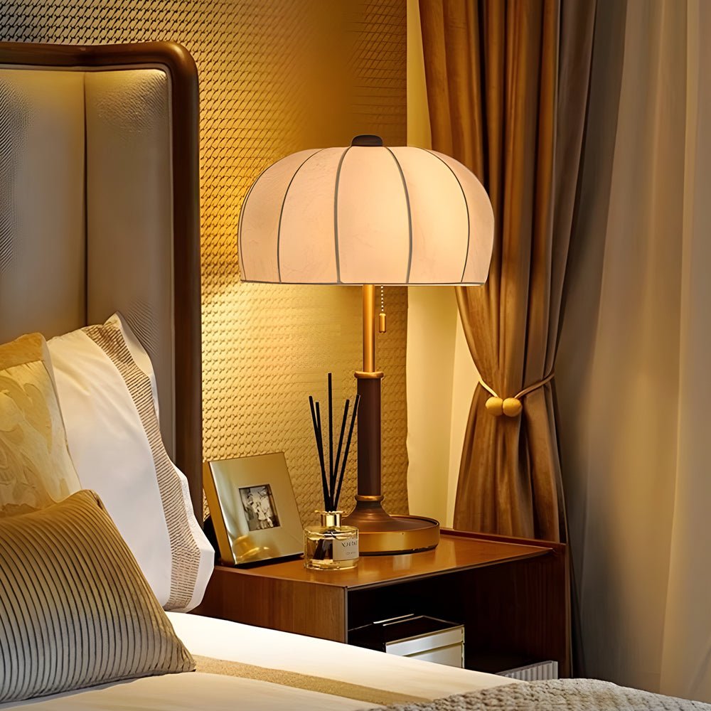 Fabric Table Lamp Vintage Brass Dome Pull Chain Light
