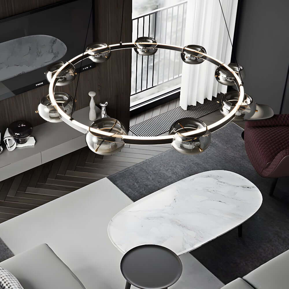 Modern Black Copper Ring and Glass Sphere LED Chandelier