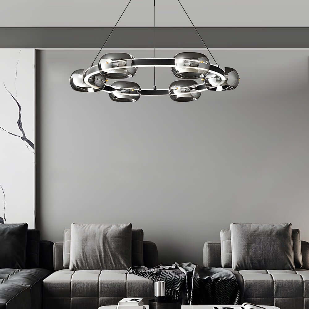 Modern Black Copper Ring and Glass Sphere LED Chandelier