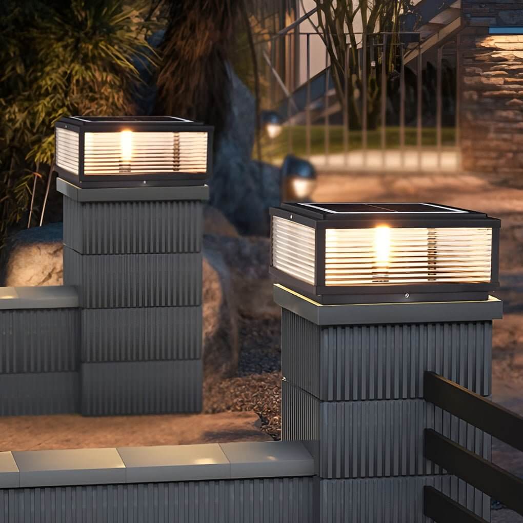 Square Pillar Light Ribbed Glass Outdoor Metal Light