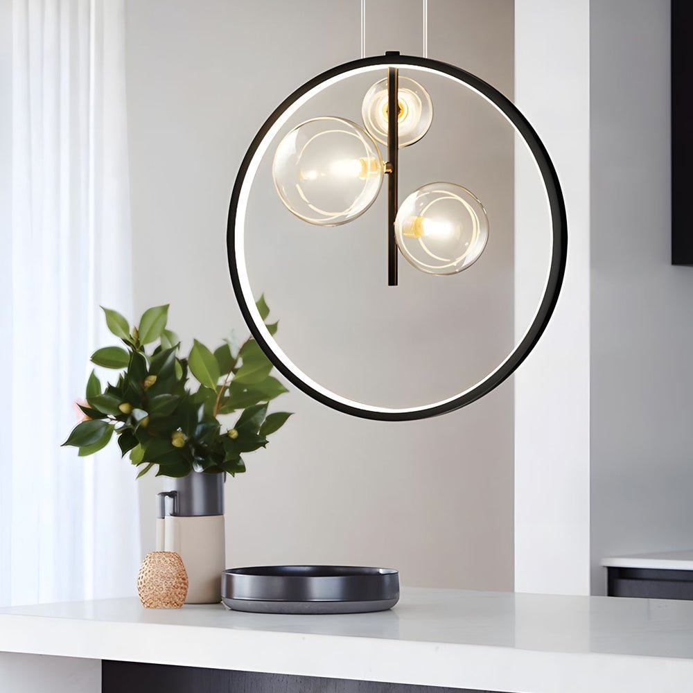 Vertical Ring Pendant Light Black Bubble Glass LED Light