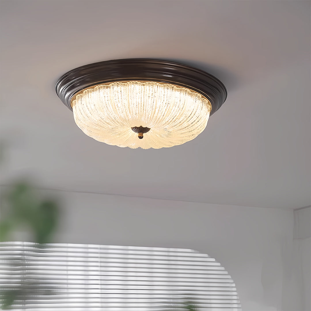 Retro Flush Mount Ceiling Light Pumpkin Walnut Wood Color Dome Light