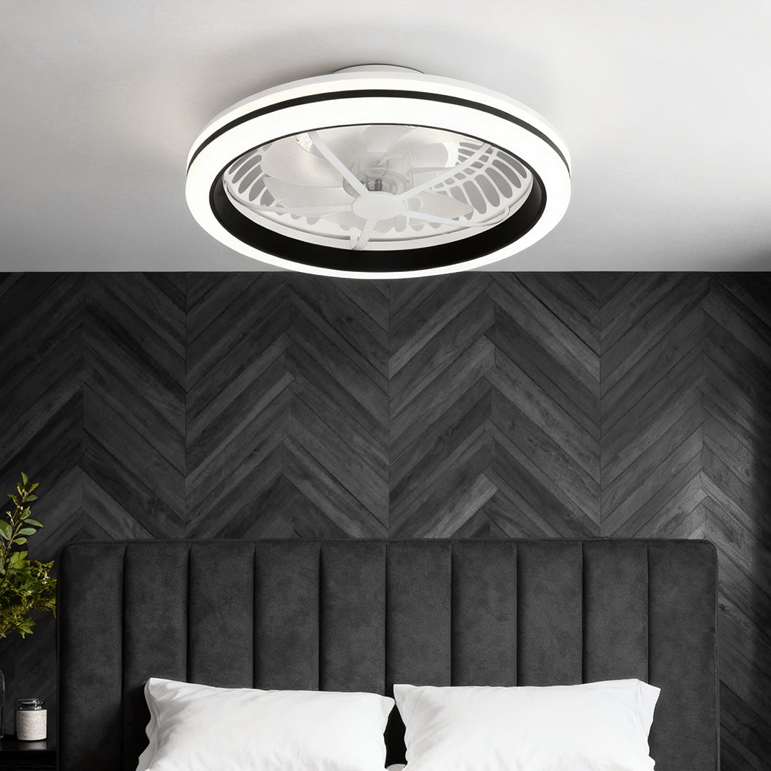 White Flush Mount Ceiling Fan with Light Plastic Round Design Lamp