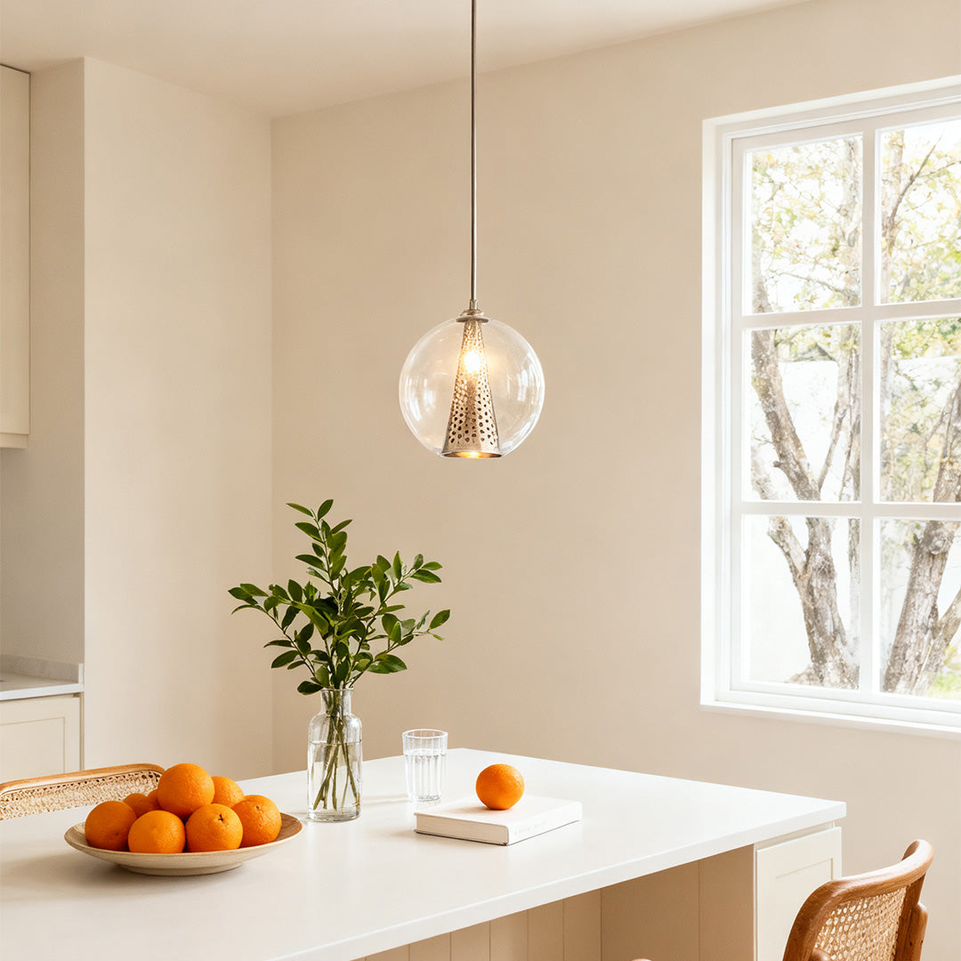Glass Ball Pendant Lights Perforated Metal Cone Chic Ceiling Light