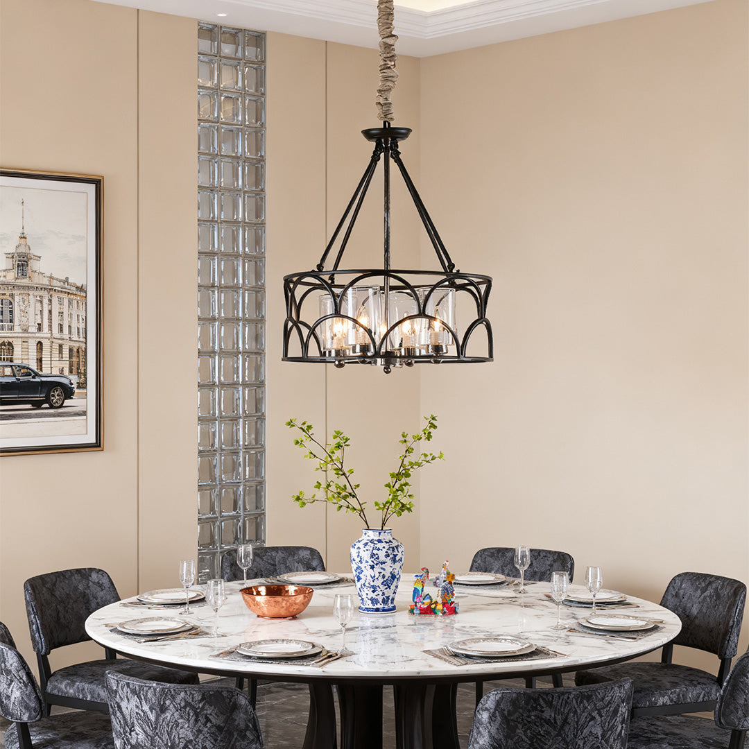 Chandelier with Black American Vintage Metal and Glass Ceiling Light
