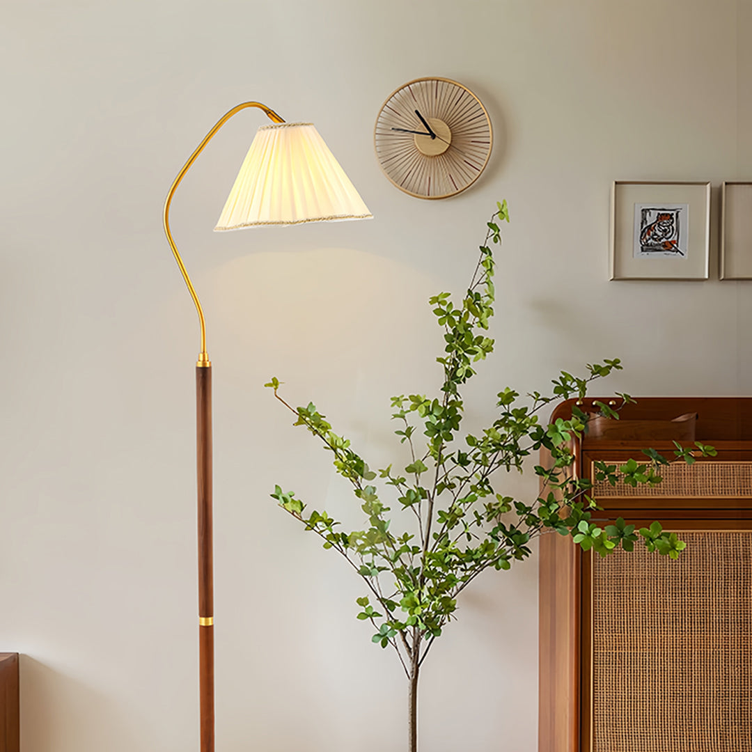 Walnut Floor Lamp Elegant American Retro Fabric Shade Standing Lamp