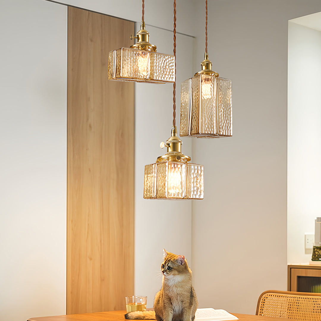 Square Glass Pendant Light Vintage Brass and Glass Ceiling Light