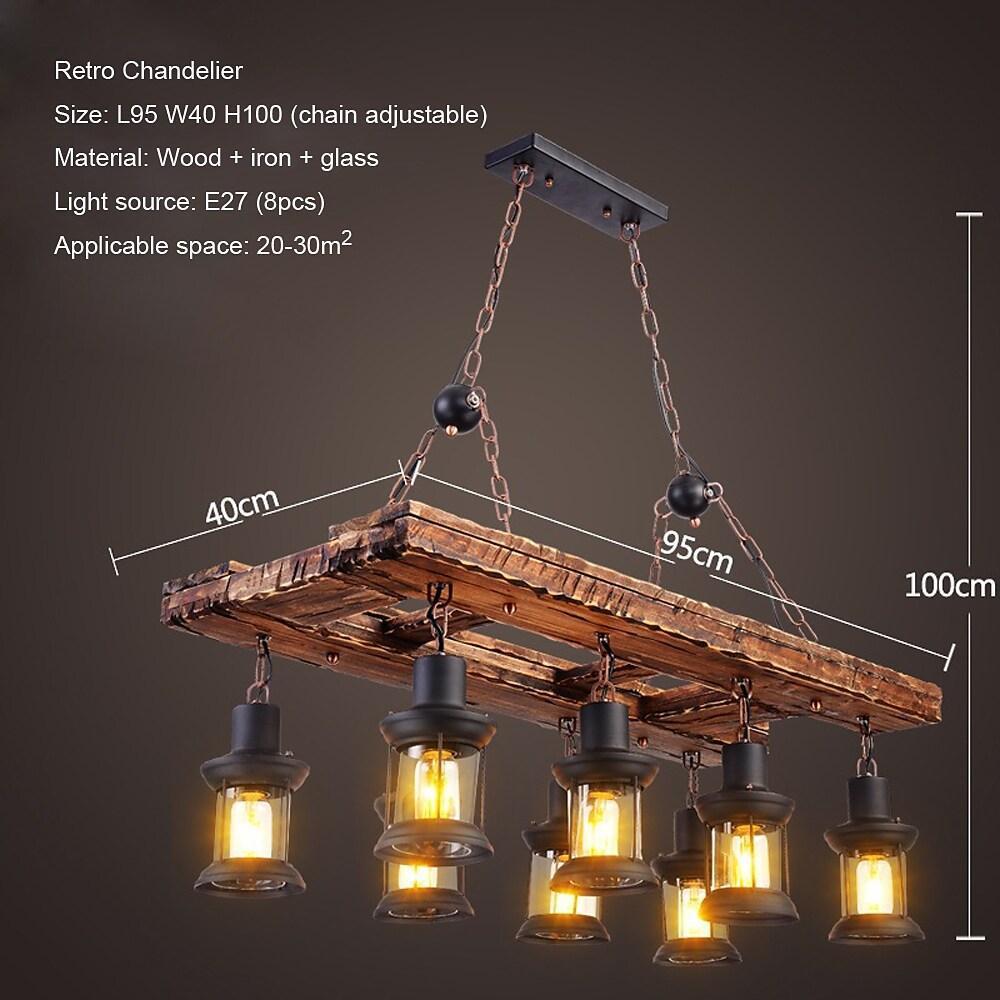 8-light Vintage Rustic Wooden Chandelier Lantern LED Farmhouse Hanging Lamp