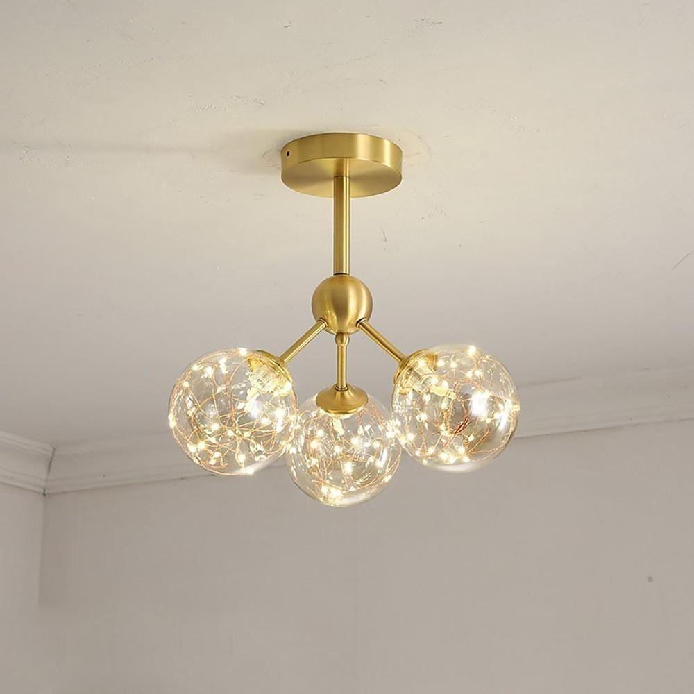 3-Globe Copper Glass Semi Flush Mount Lighting Ceiling Lights for Bedroom