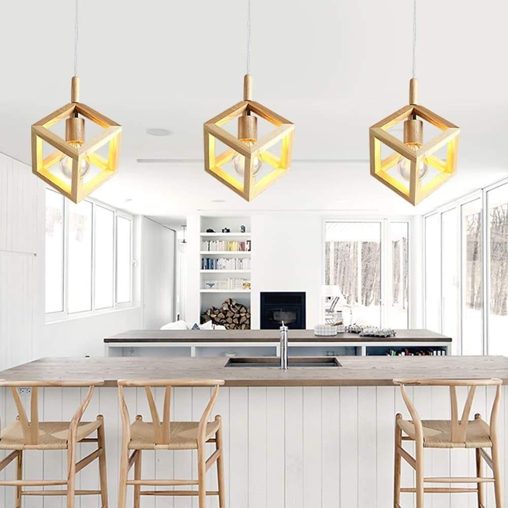 Adjustable Wood Square Pendant Light Modern Hanging Ceiling Lights