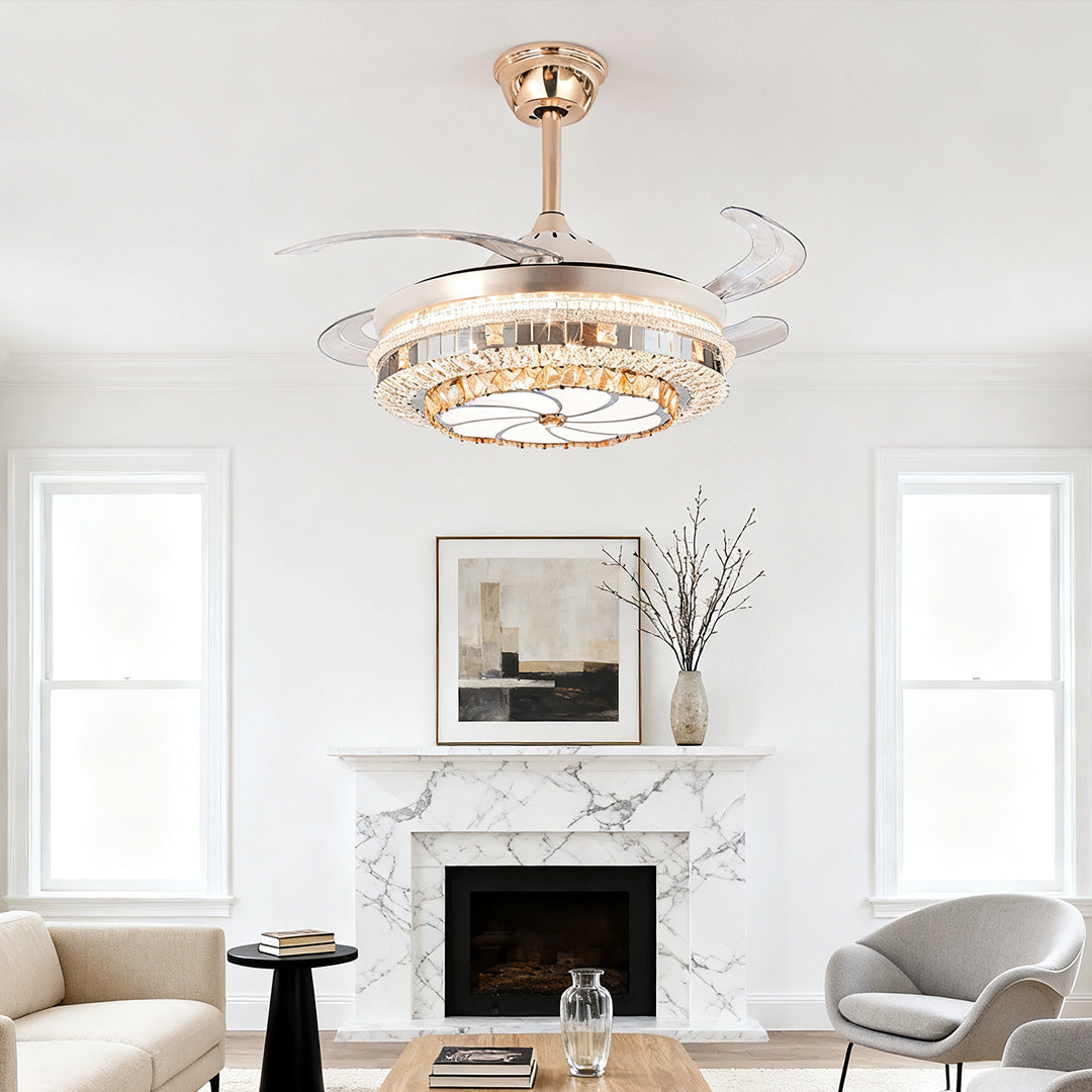 Gold Ceiling Fan with Light Crystal Design 4-Blade PC Invisible Lamp