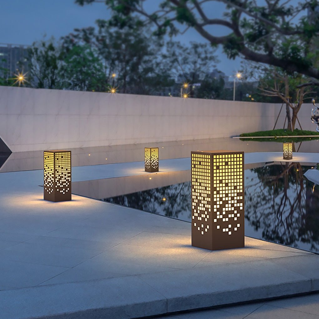 High-End Stainless Steel Outdoor LED Light with Unique Square Pattern for Elegant Bollard Lights