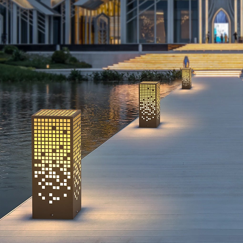 High-End Stainless Steel Outdoor LED Light with Unique Square Pattern for Elegant Bollard Lights