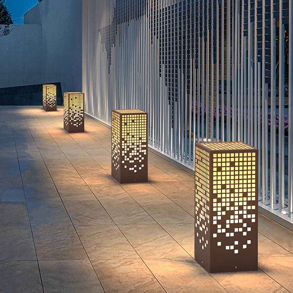 High-End Stainless Steel Outdoor LED Light with Unique Square Pattern for Elegant Bollard Lights