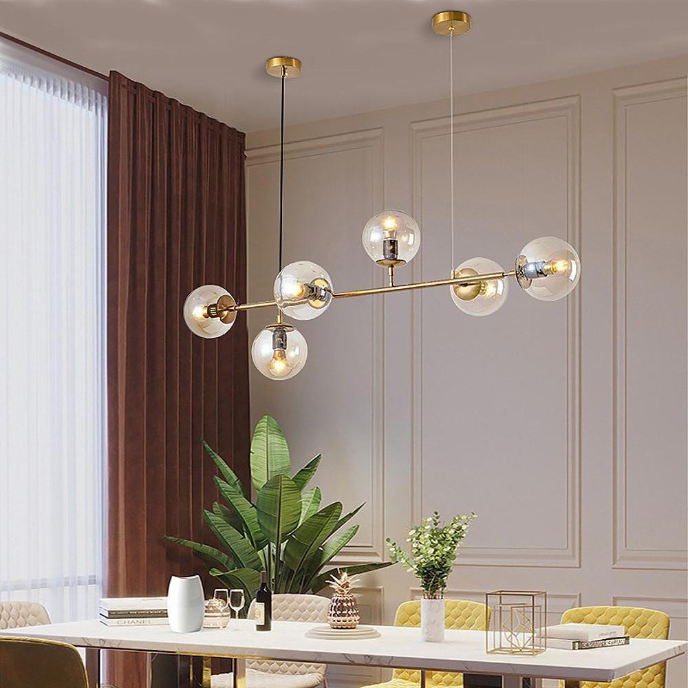 Nordic Linear Ceiling Lights Glass Globe 4/6 Heads Chandelier