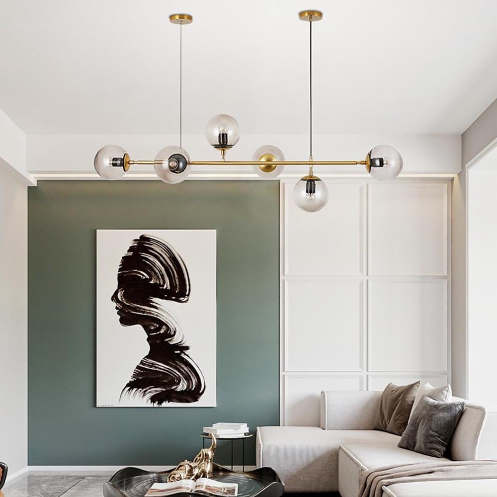 Nordic Linear Ceiling Lights Glass Globe 4/6 Heads Chandelier