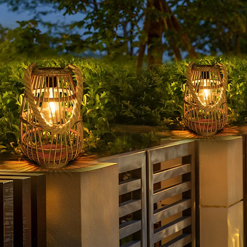 Rattan Solar Lantern Portable Waterproof Vintage Light