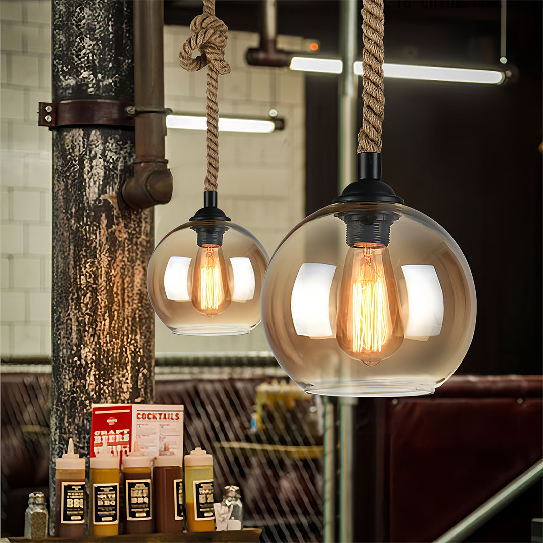 Retro Glass Pendant Light Minimalist LED Hemp Rope Ceiling Light