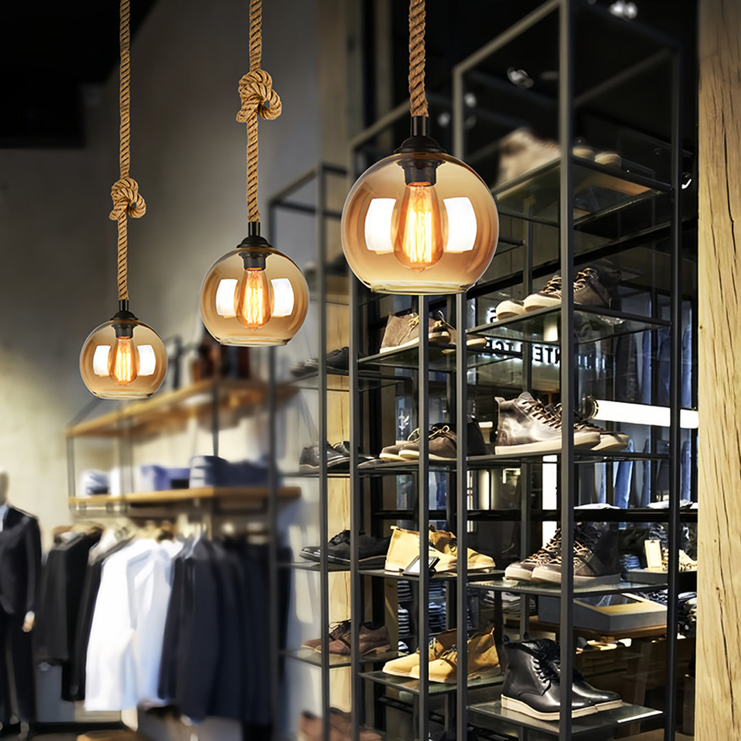 Retro Glass Pendant Light Minimalist LED Hemp Rope Ceiling Light