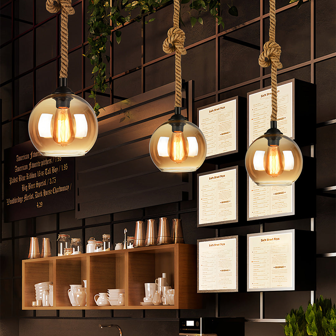 Retro Glass Pendant Light Minimalist LED Hemp Rope Ceiling Light