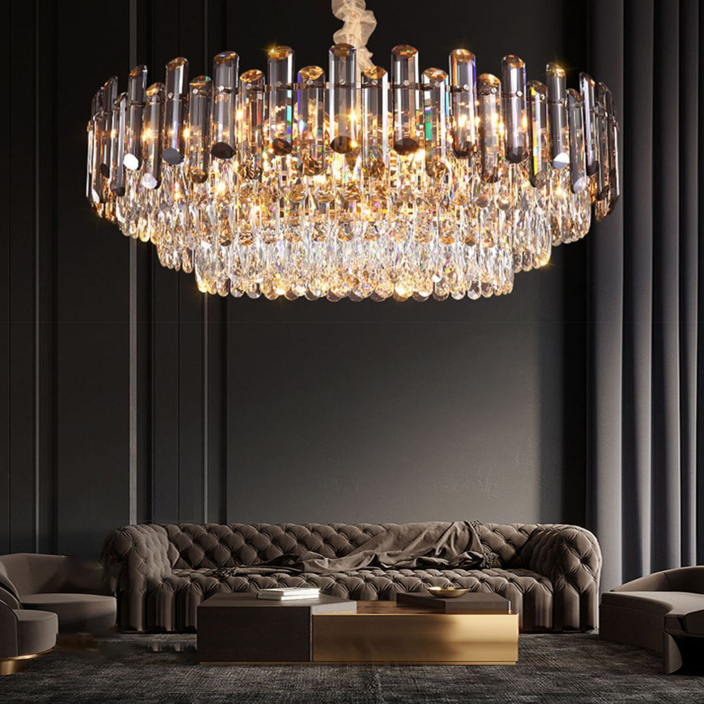 Round Drum Crystal Chandelier Modern Metal Ceiling Light