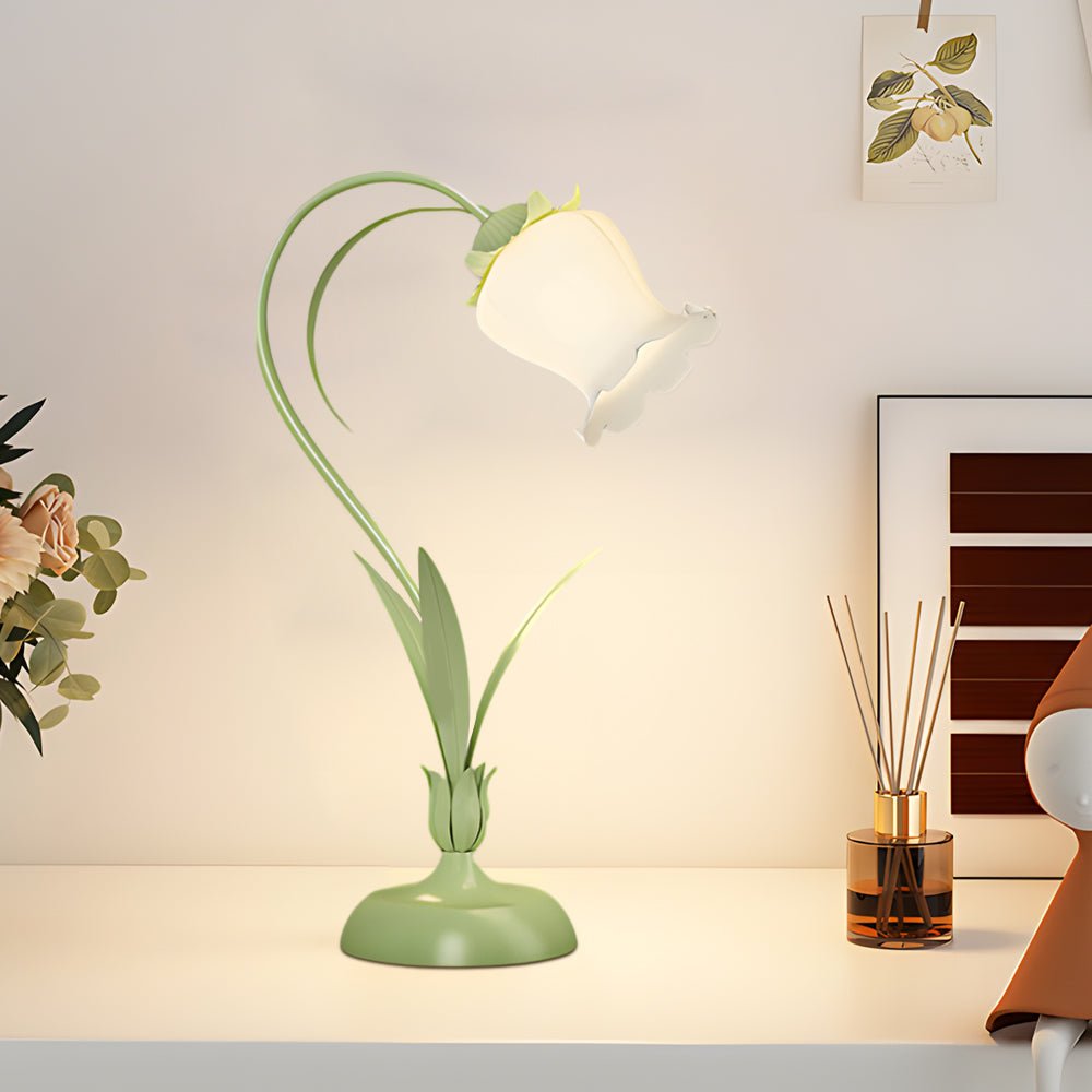 Rustic Green Desk Lamp with White Floral Shade and 3-Step Dimming for Home Office