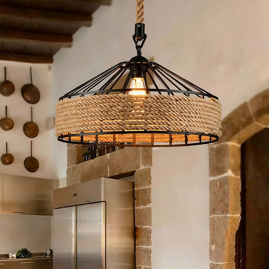 Circular Pendant Light Hemp Rope Iron Art Creative Ceiling Light