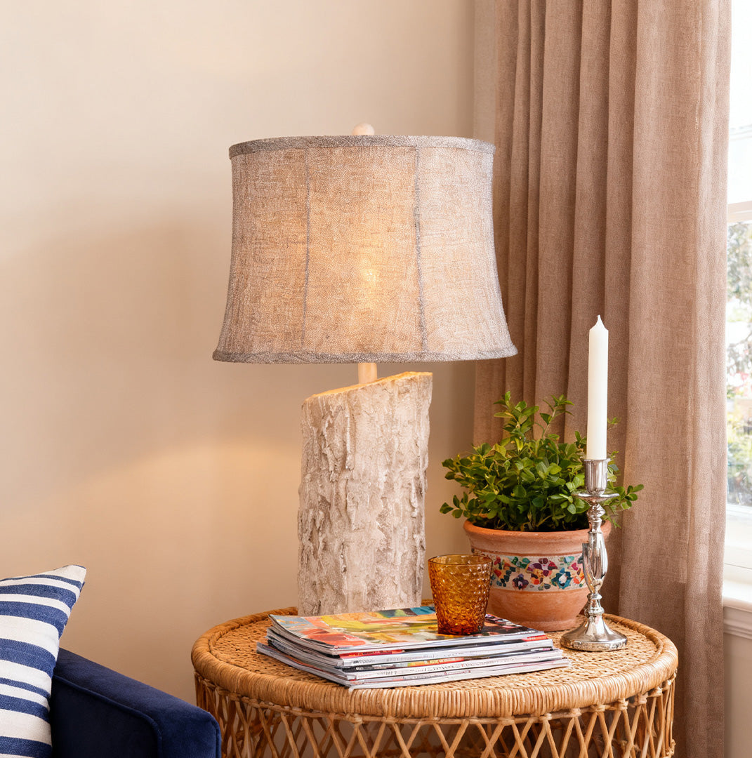 White Wood Table Lamp Realistic Bark Fabric Shade Ambient Lamp
