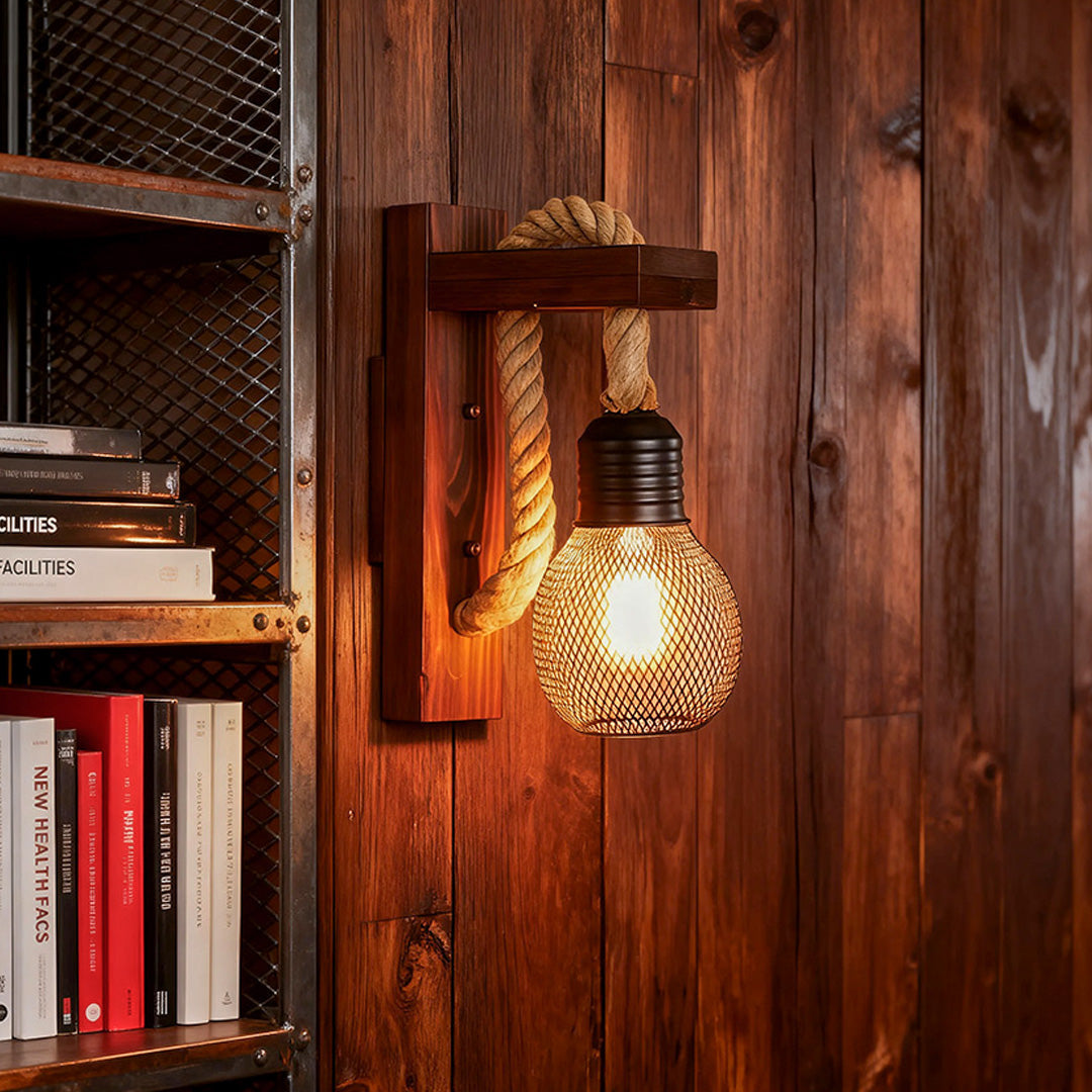 Rustic Wall Lights Iron Art Hemp Rope and Wood Art Lamp
