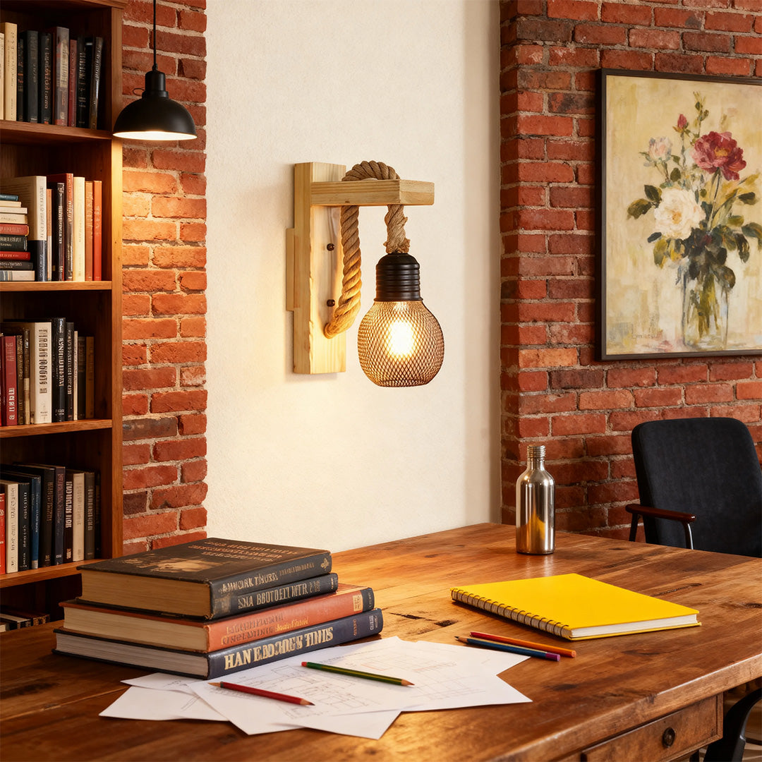 Rustic Wall Lights Iron Art Hemp Rope and Wood Art Lamp