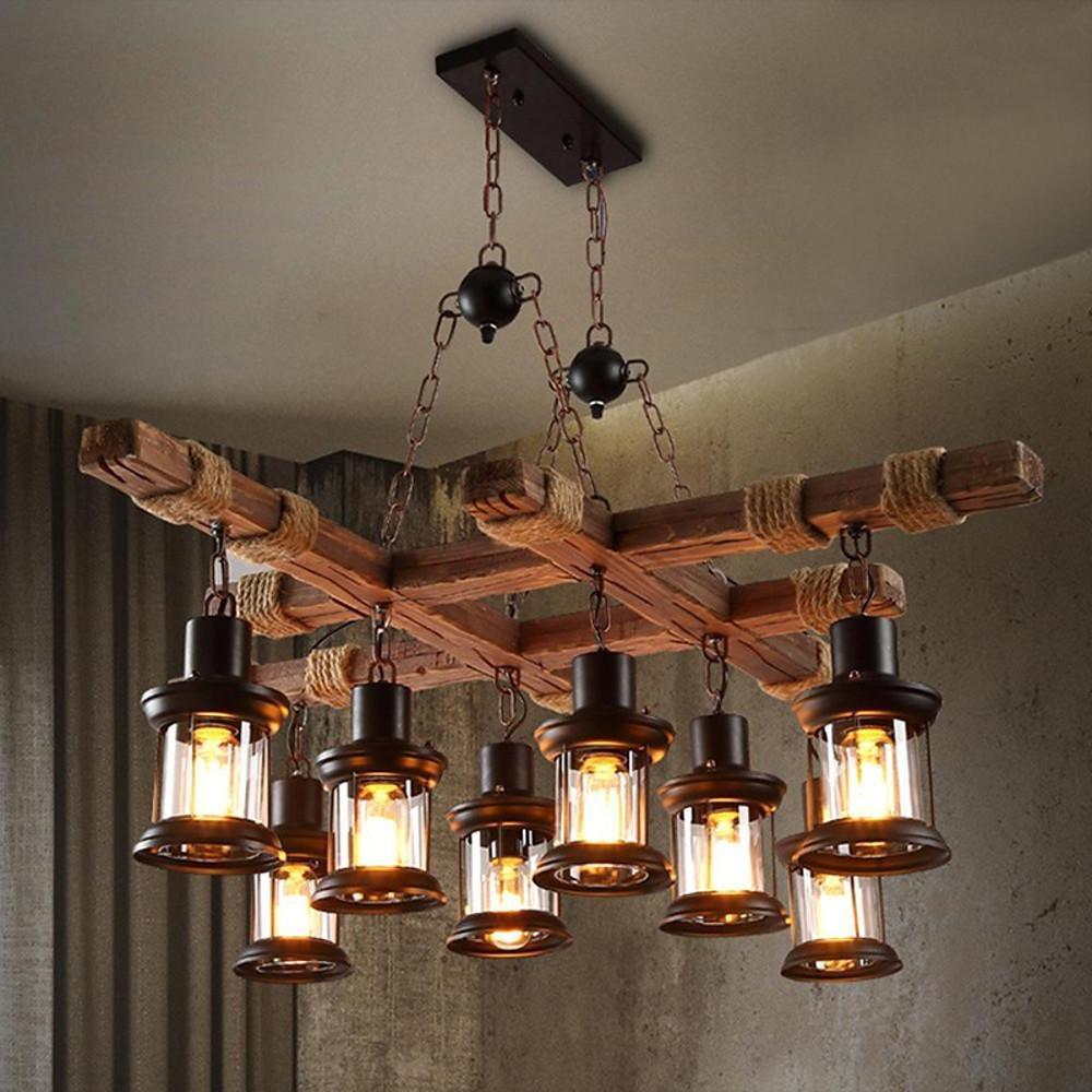 Rustic Wood Chandelier Vintage Unique LED Ceiling Light