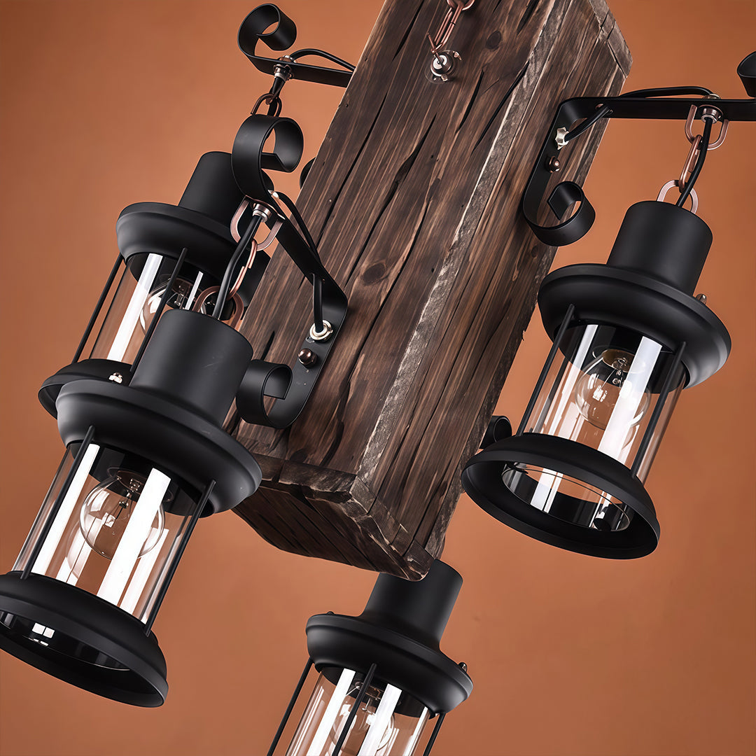 Rustic Wood Chandelier Classic Country Style 4-Light Lantern Lamp