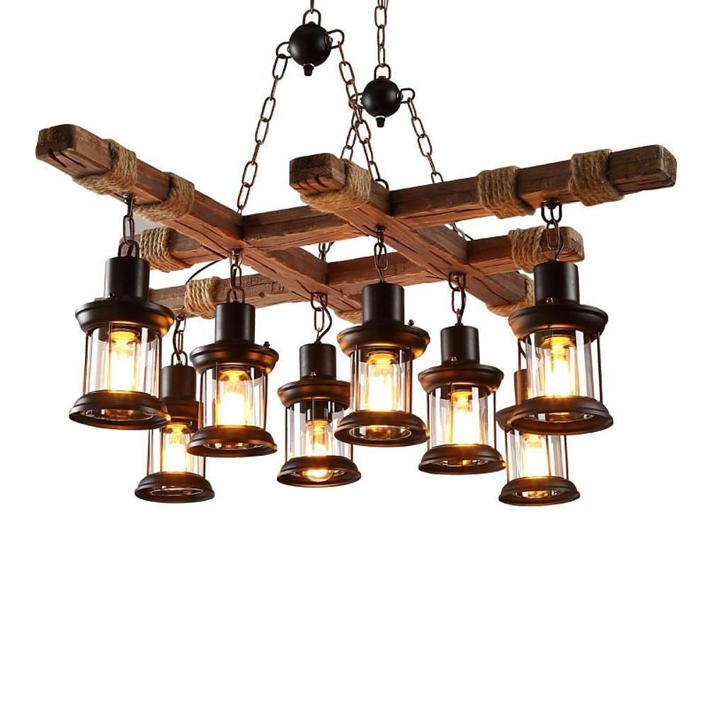 Rustic Wood Chandelier Vintage Unique LED Ceiling Light