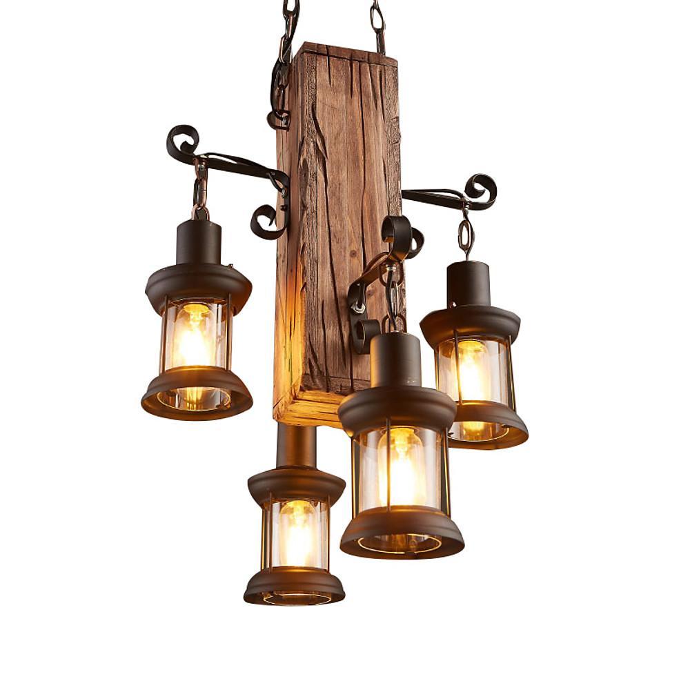 Rustic Wood Chandelier Classic Country Style 4-Light Lantern Lamp
