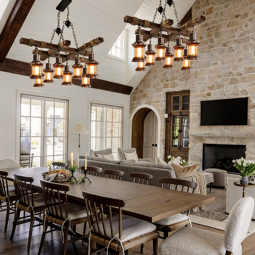 Rustic Wood Chandelier Vintage Unique LED Ceiling Light