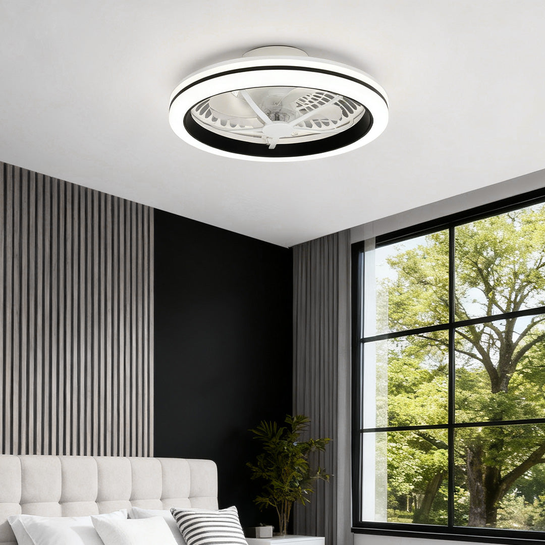 White Flush Mount Ceiling Fan with Light Plastic Round Design Lamp
