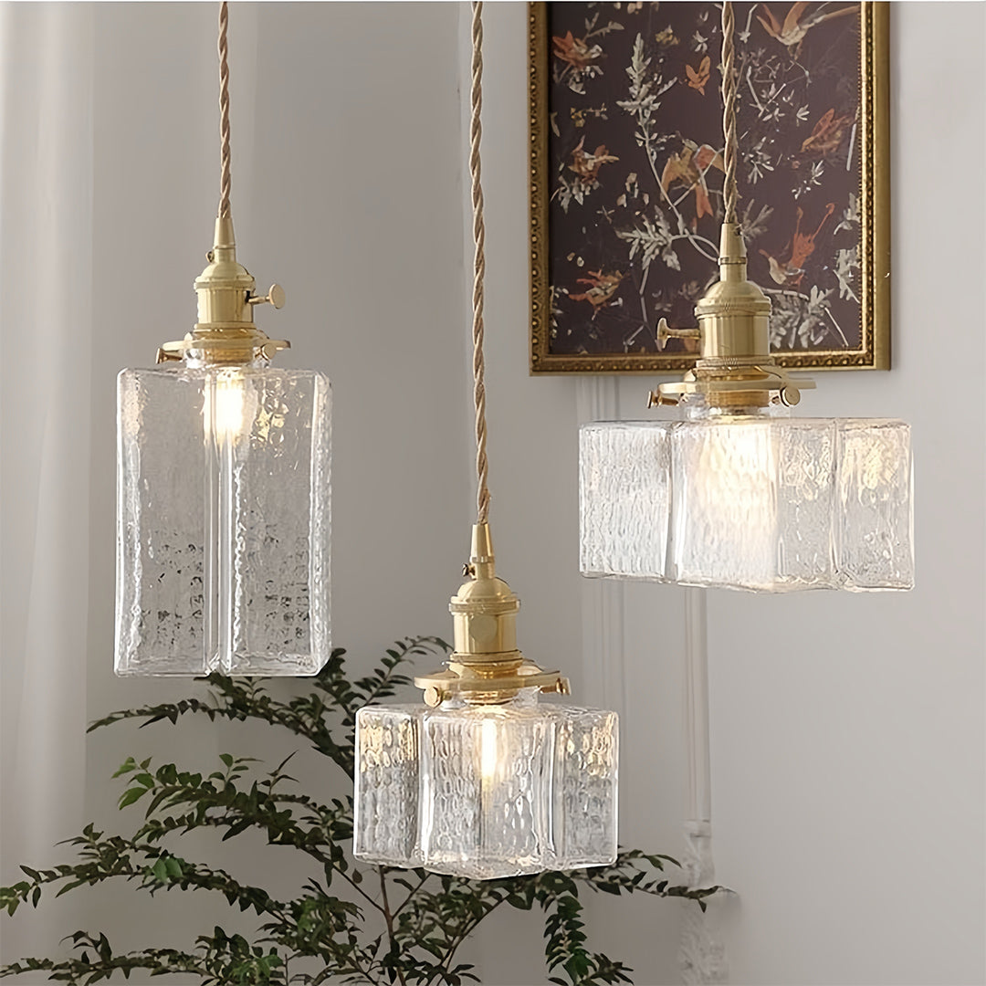 Square Glass Pendant Light Vintage Brass and Glass Ceiling Light