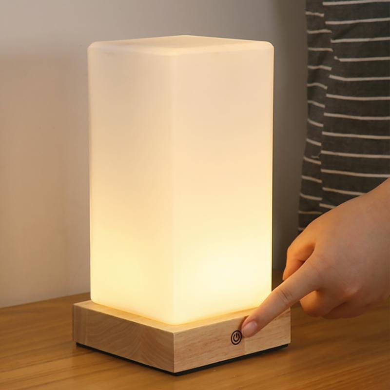 Square Table Light Wooden Cube Battery-Powered LED Lamp