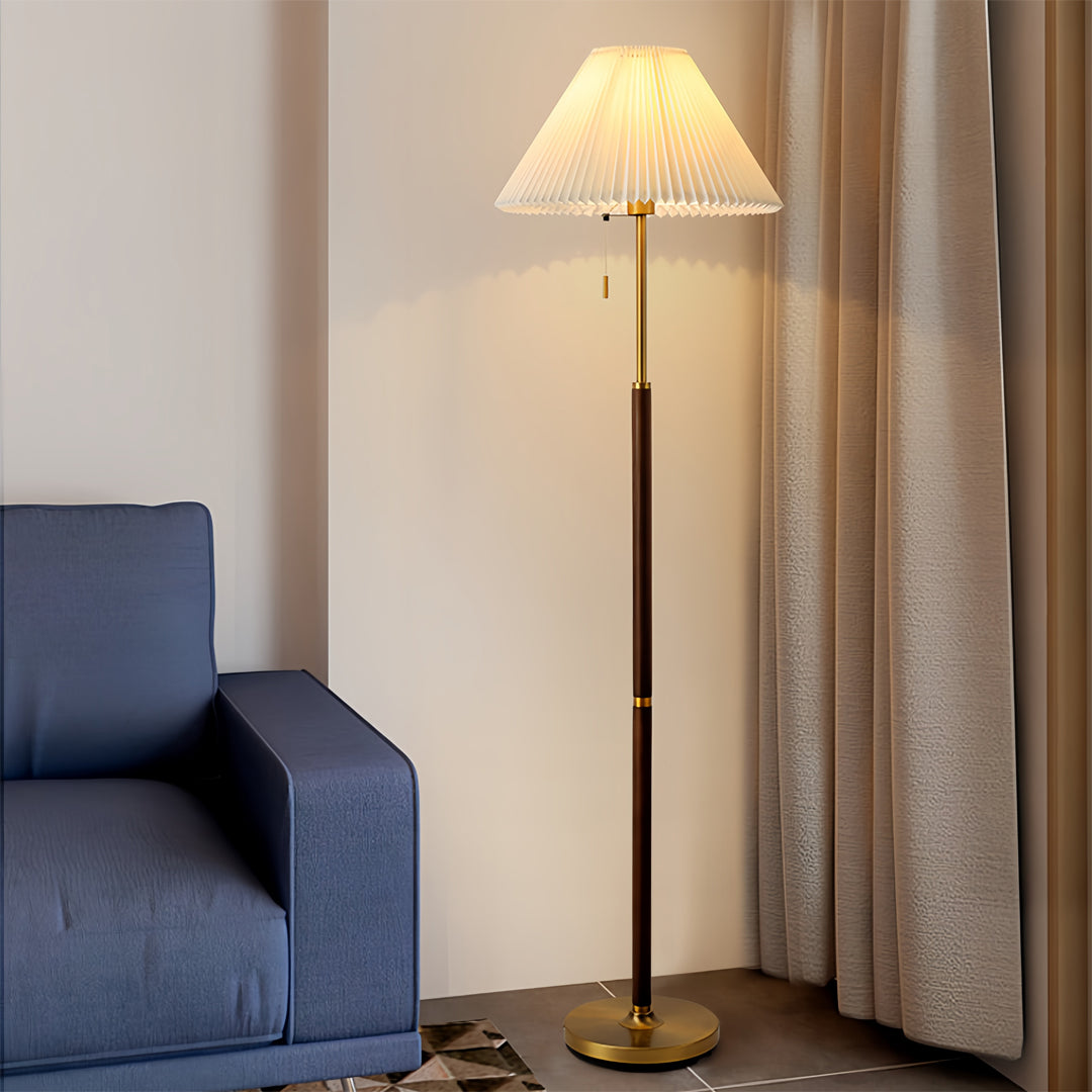 Floor Wood Lamp Pleated Fabric Shade Standing Lamp