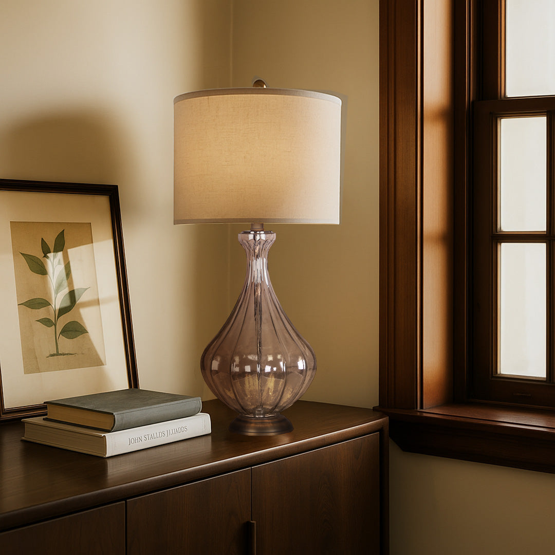 Glass Base Table Lamp with Sculptural Classic Linen Shade Light
