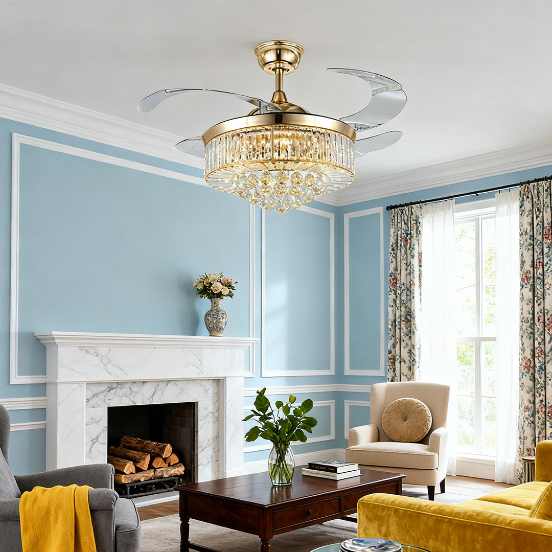 Crystal Ceiling Fans with Lights European Style Gold Iron Luxury Fan