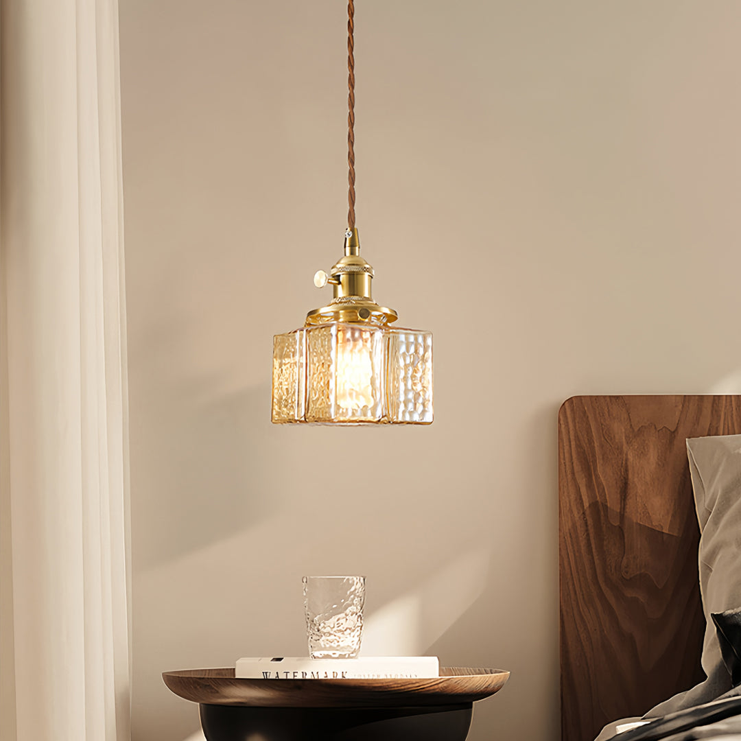 Square Glass Pendant Light Vintage Brass and Glass Ceiling Light
